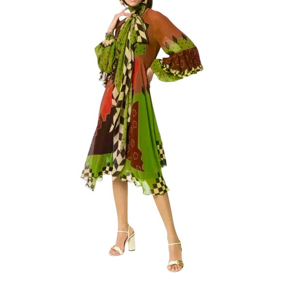 ETRO RUNWAY silk patchwork tie neck midi dress Size 40 IT, S/M US NEW - Picture 3 of 14